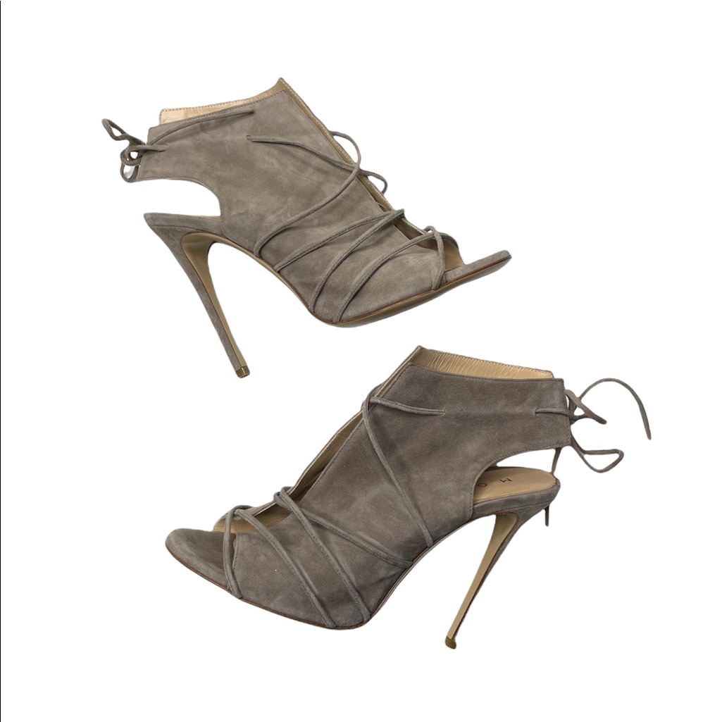 M. Gemi | Taupe Suede Lace Up Peep Toe Pumps 38